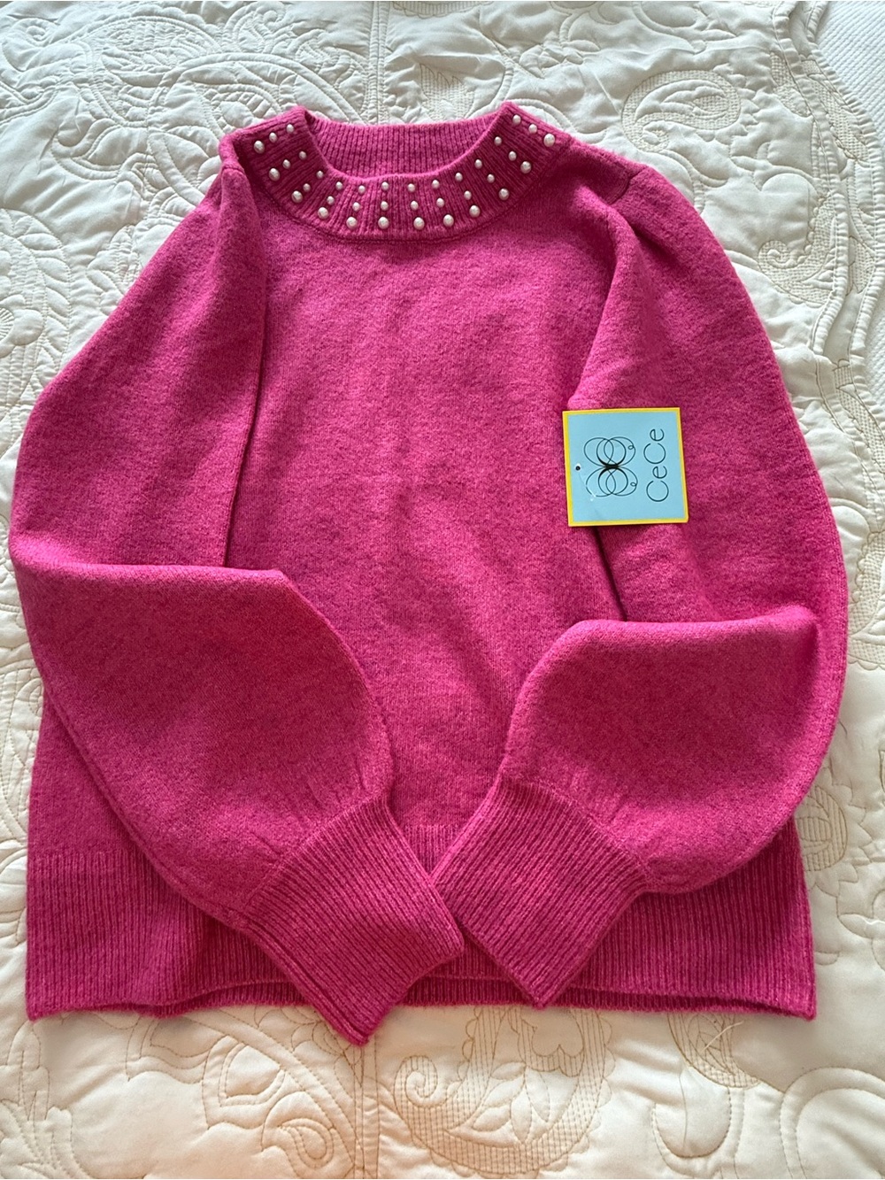CeCe Hot Pink Pearl-Trim Turtleneck Sweater